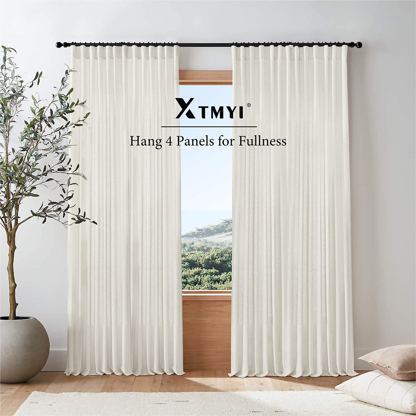 108 Inch Linen Curtains 2 Panels,With Heading Tape Hooks for Track System Back Tab,Stone Washed Cotton Flax Weave Sheer Extra Long Curtain for Living Room Bedroom,9FT 9 FT,Cream(Ivory/Off White)