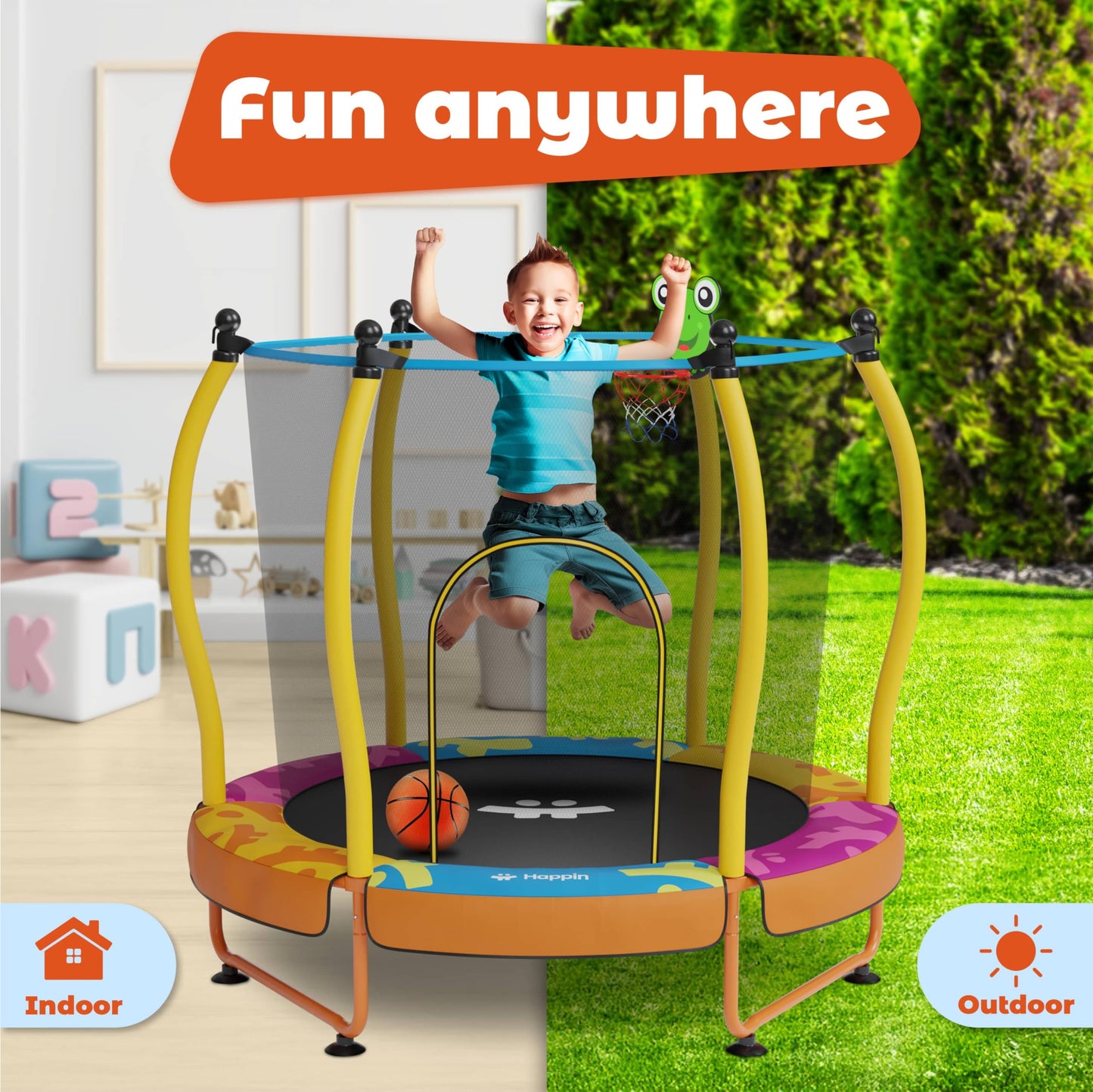 Happin 55” Toddler Trampoline, Indoor & Outdoor Playset Ages 1-8, 5FT Kids Trampoline, Ultra Safe Mini Trampoline for Kids with Safety Enclosure Net, Gifts for Birthday Boys & Girls, Basketball Hoop