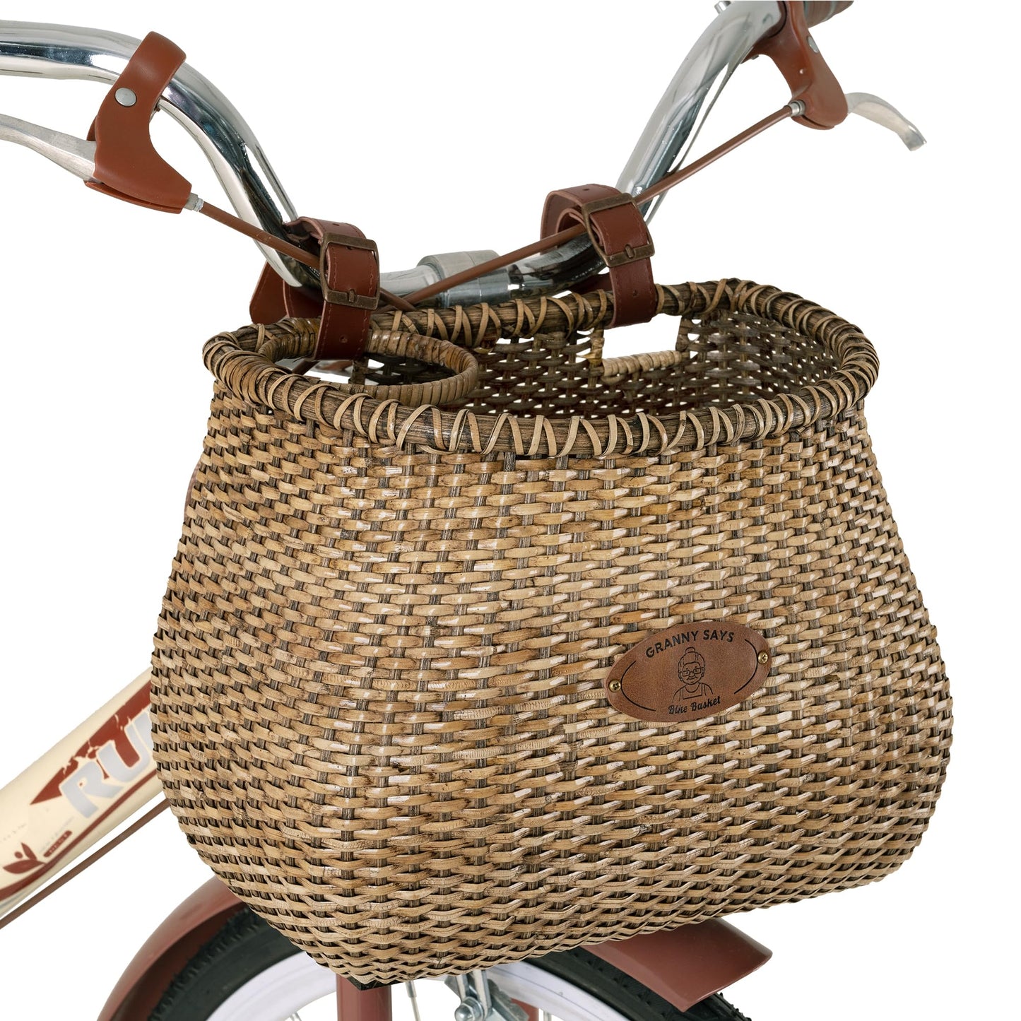 GRANNY SAYS Bike Basket Front, Natural Rattan Wicker Bike Baskets, Bicycle Basket with Cup Holder, Handmade Woven Bike Baskets for Women and Men, Storage Basket for Beach Cruisers, Ebikes Set of 1