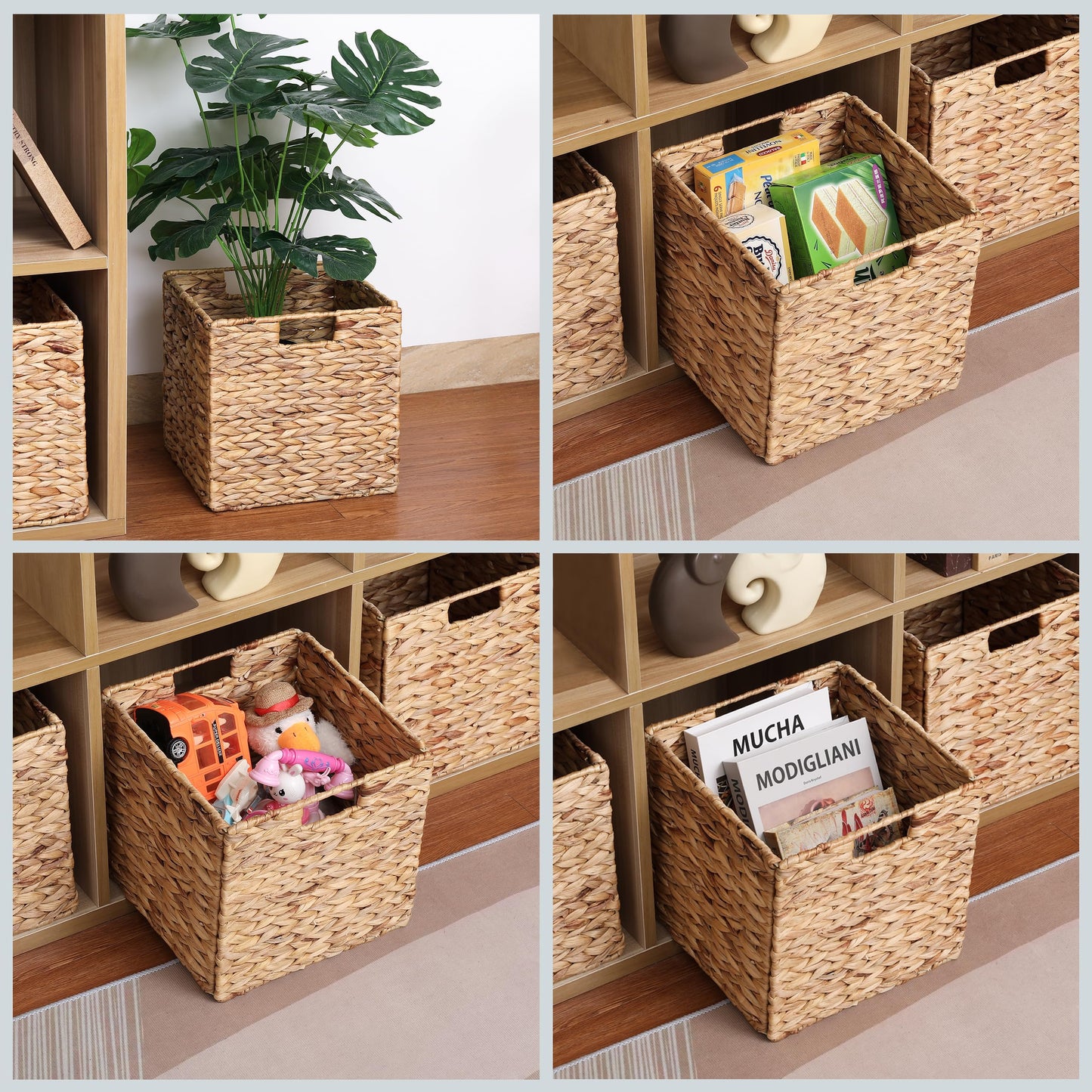 10.5 x 10.5in Wicker Storage Baskets, Cube Foldable Water Hyacinth Storage Baskets for 11 x 11 Cube Shelves Set of 4