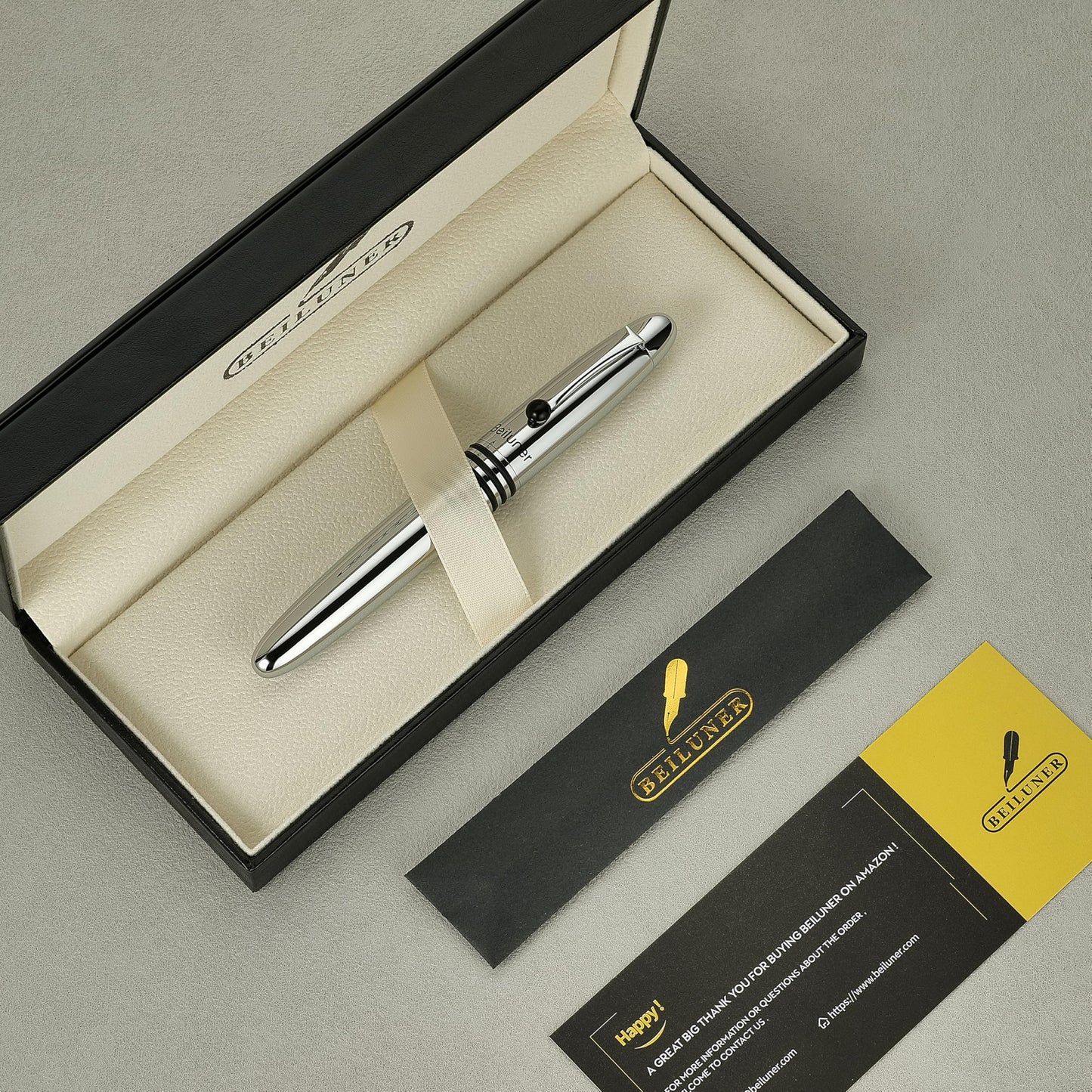 BEILUNER 320 Silver Chrome Rollerball - Stunning Luxury Pen with Chrome Finish, EDC, Heavy, Black Ink Refill, Best Gift Set for Men & Women, Professional, Executive Office, Nice Classic Pens