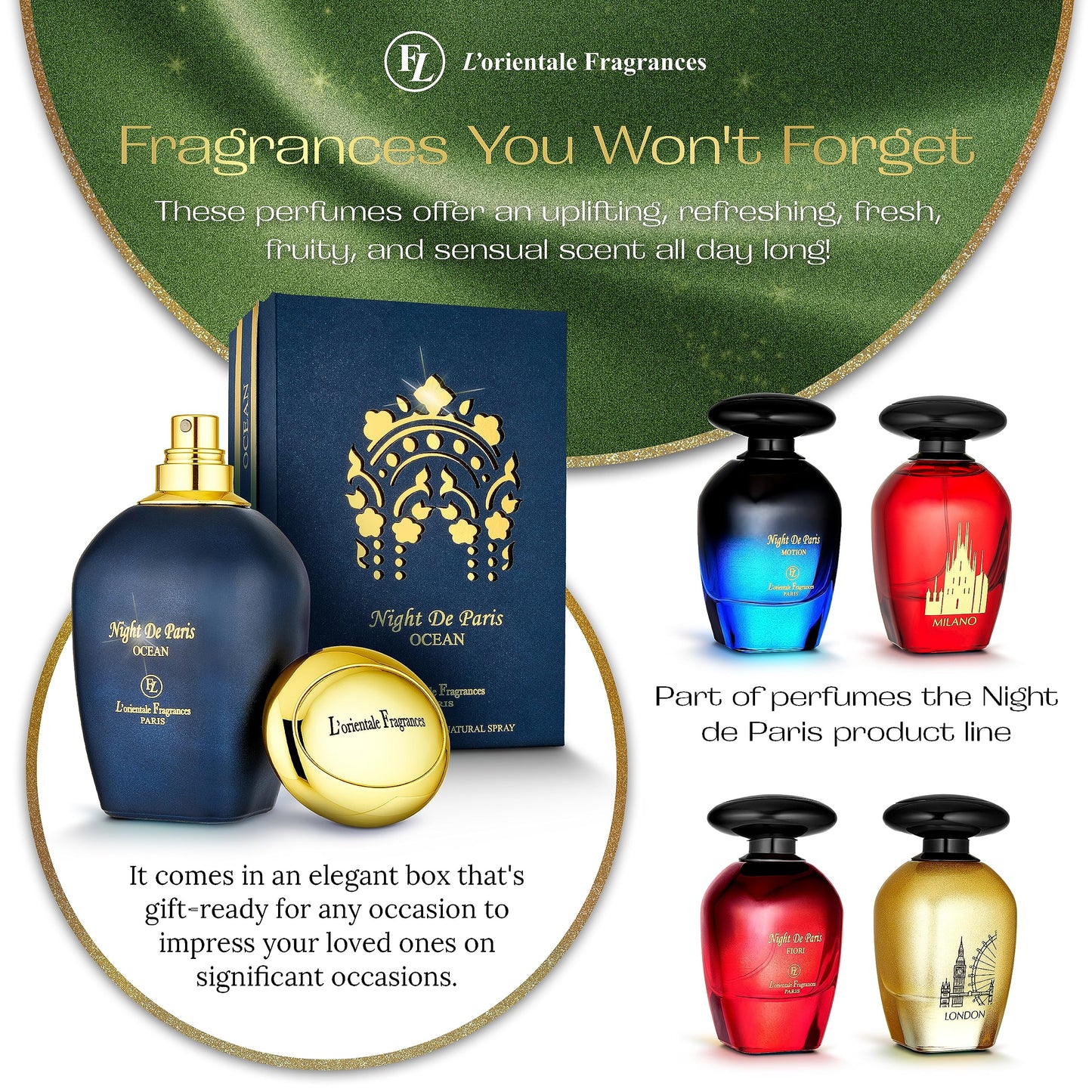 L'Orientale Fragrances Night De Paris Ocean 100ml / 3.3oz - Oil-Based Perfumes for Women & Men, Unisex Aromatic Aquatic Eau de Parfum w/Bergamot - Long-Lasting Up to 24 Hours, Ideal for All Seasons