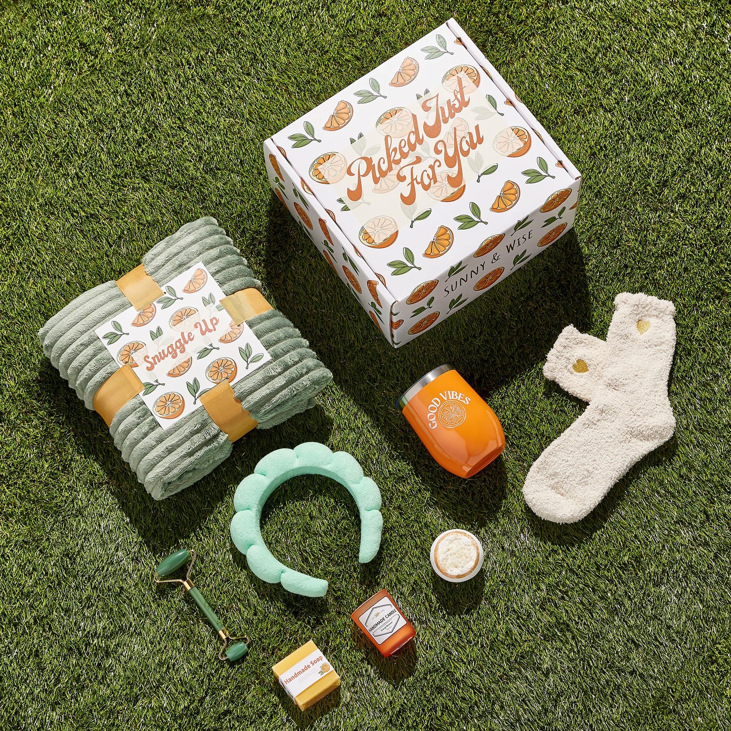 Sunny&Wise Care Package For Women - Designed in USA - Self Care Gifts After Surgery, Get Well Soon, Orange Fruit Themed, Thinking of You, 12 Oz Good Vibes Tumbler