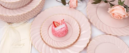 YOUBET 125Pieces Pink Plastic Plates with Gold Rim-Gold Plastic Silverware Include 25 Dinner Plates 25 Dessert Plates 75 Gold Silverwares for Wedding Birthday & Parties