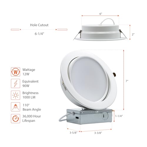 PROCURU [4-Pack] 6-Inch Gimbal Heavy Duty 12W (7" Trim) LED 2700K-6000K 5CCT Adjustable, Rotate & Swivel Ultra-Thin Recessed Ceiling Downlight, Dimmable, AirTight IC Rated (VGB6-5W3-4P)