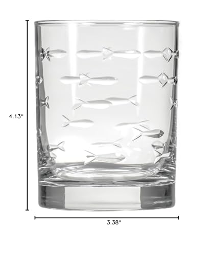 Rolf Glass School of Fish 13oz Double Old Fashioned Glass | Whiskey Glass Set of 4 | Lead-Free Glass | Engraved Tumbler Glasses | Designed and Engraved in the US