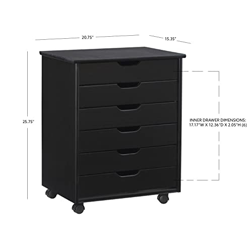 Linon Corinne Black Six Drawer Wide Rolling Storage Cart