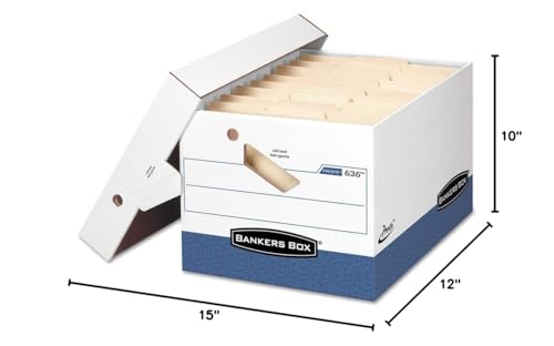 Bankers Box Presto Storage Boxes, Ergonomic Handles, Letter/Legal, 15" x 12" x 10", 60% Recycled, White/Blue, Pack of 12