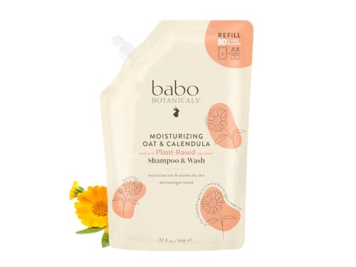 Babo Botanicals Moisturizing Oat & Calendula 2-in-1 Shampoo & Wash - for Dry or Sensitive Skin - for All Ages - Lightly Scented - Vegan - Refill pouch 32 fl.oz.