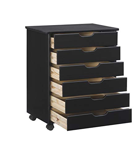 Linon Corinne Black Six Drawer Wide Rolling Storage Cart
