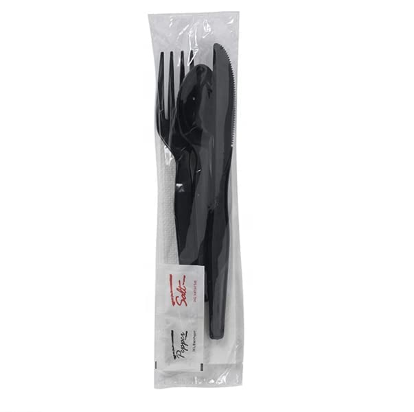 250 Plastic Cutlery Packets - Knife Fork Spoon Napkin Salt Pepper Sets | Black Silverware Sets Individually Wrapped Kits, Bulk Plastic Utensil Cutlery Disposable To Go Silverware