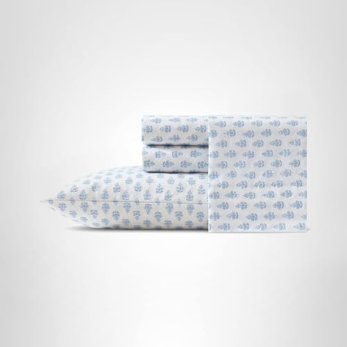 Laura Ashley - Queen Sheets, Cotton Percale Bedding Set, Lightweight & Breathable Home Decor (Francesca Blue, Queen)