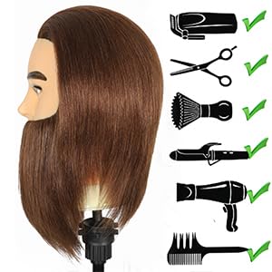 Male Mannequin Head with Beard 100% Real Human Hair Haircut Training Head for Cosmetology Straight Thick Hair Manikin Head Doll Head with Stand Practice Cutting Styling,Barber Shop,Cosmetology School