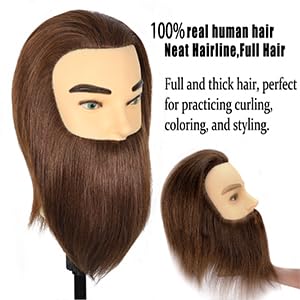 Male Mannequin Head with Beard 100% Real Human Hair Haircut Training Head for Cosmetology Straight Thick Hair Manikin Head Doll Head with Stand Practice Cutting Styling,Barber Shop,Cosmetology School