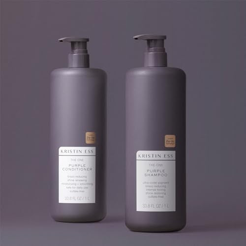 Kristin Ess Hair Purple Shampoo and Conditioner Set for Blonde, Brunette, Silver + Gray Hair, Anti Brass + Yellow Tones, Safe for Color Treated Hair, Sulfate Free Toning Shampoo Conditioner - 1 Liter