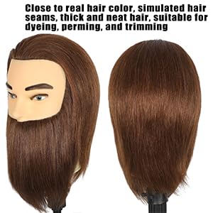Male Mannequin Head with Beard 100% Real Human Hair Haircut Training Head for Cosmetology Straight Thick Hair Manikin Head Doll Head with Stand Practice Cutting Styling,Barber Shop,Cosmetology School