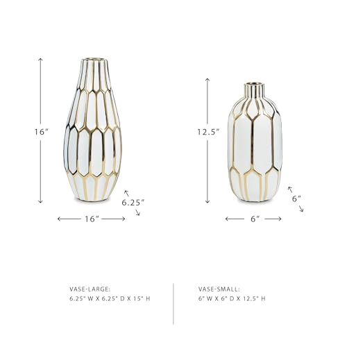 Signature Design by Ashley Mohsen Honeycomb Ceramic 2 Piece Bottle Neck Vase Set, White & Gold