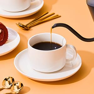 CHILDIKE 7 oz Coffee Cups with Saucers Spoons - Set of 6 Cappuccino Cups, White Porcelain Cups Serving for Tea Espresso Latte Mocha