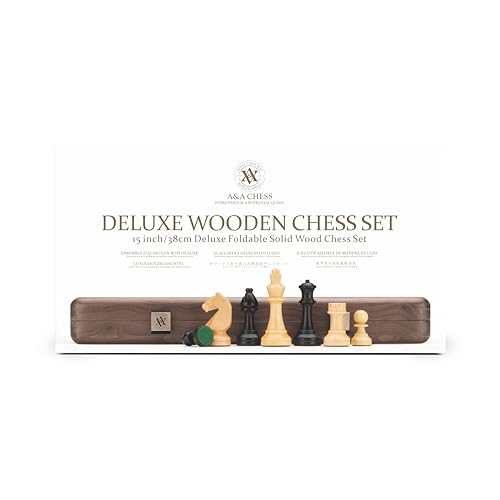 A&A Premium Natural Walnut Folding Chess Board Game Set, 15" Wooden Chess Board & 3" King Height Staunton Chess Pieces with 2 Extra Queens, Portable Travel Chess Set with Storage Bag for Adults & Kids
