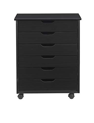 Linon Corinne Black Six Drawer Wide Rolling Storage Cart