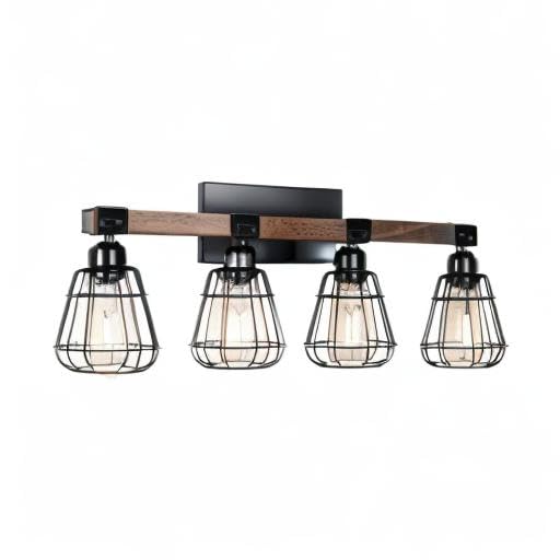 TELAFLY Bathroom Vanity Light Fixture,Rustic 4-Light Wood Wall Light,Industrial Bathroom Lighting Fixture Over Mirror,Modern Matte Black Metal Cage Wall Sconce for Hallway,Kitchen,Bedroom