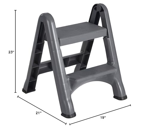 Rubbermaid Two-Step Folding Foot Stool 14-Inch High Gray 300-Pound Capacity Small Step Stool for Adults/Kids for Use in Library/Kitchen/Bathroom/Garage/Closet