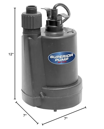 Superior Pump 91250 1800GPH Thermoplastic Submersible Utility Pump with 10-Foot Cord, 1/4 HP