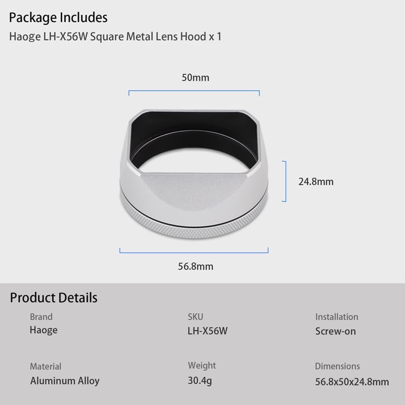 Haoge LH-X54W Square Metal Lens Hood with 49mm Adapter Ring for Fujifilm X100VI Fuji X100V Camera Silver