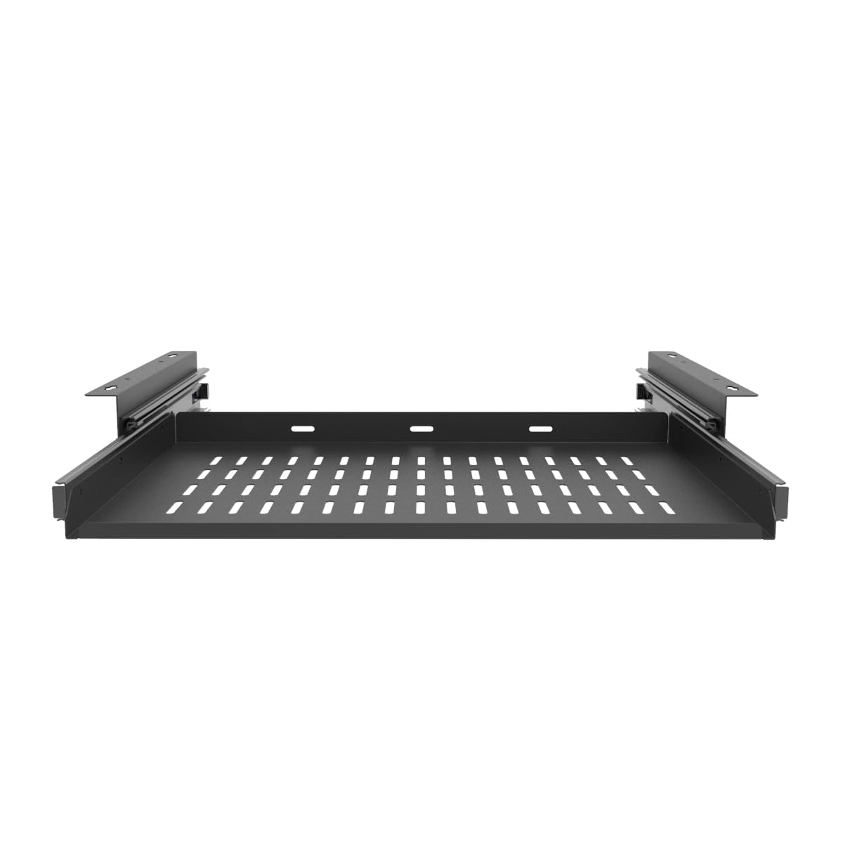 JINGCHENGMEI Sliding Under Desk Laptop Mount Shelf with Air Vents, W 16.3" x D 12" Metal Under Desk Slide Out Tray for Laptop (16 Inch Wide)