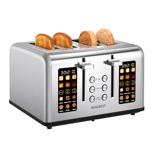 4 Slice Touch Screen Toaster, Stainless Steel Toaster with Wide Slots for Bagels and Bread, Reheat/Defrost/Cancel Functions, Removable Crumb Tray, Silver