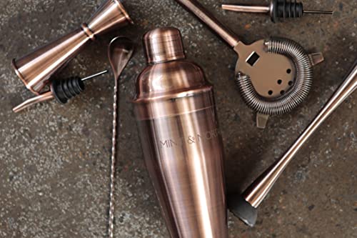 Mint & Mortar Cocktail Shaker Set, 7-Piece Bartender Kit with Stand, 24oz Martini Shaker Bottle Stainless Steel Bar Tools, Home Bar Accessories Drink Mixer, Barware Gift Set - Brushed Copper