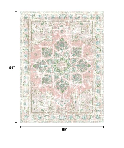 Vhong Boho Area Rugs Vintage Washable Neutral Modern Dusty Pink and Green 5x7 Non Slip Carpet for Nursery Living Room Dining Room Bedroom Farmhouse Girls'Room