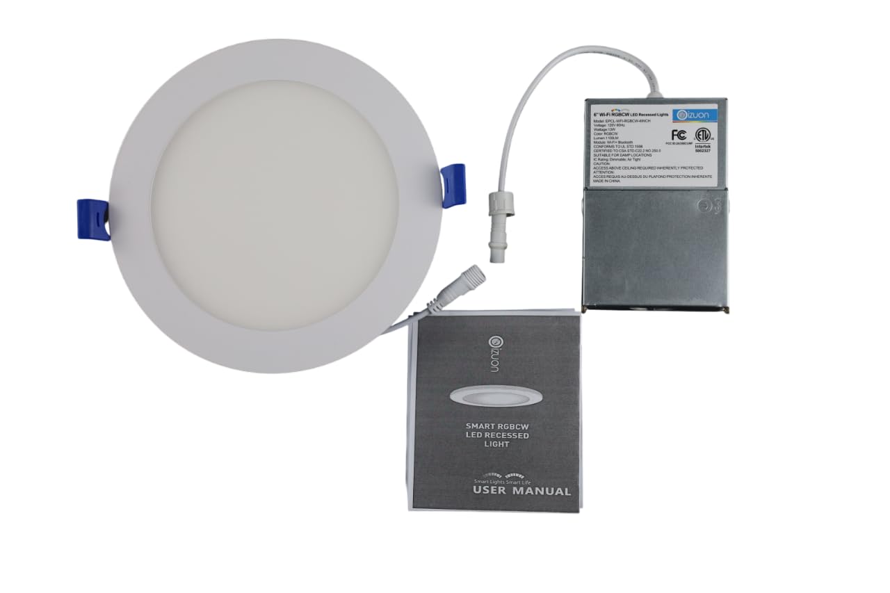 Oizuon LED Recessed Lighting 6 Inch – 96 LED 5CCT 2700K–6500K Canless Wafer Downlight 16M Colors, Music Sync, Smart App & Voice Control, 1100 Lumens Dimmable RGBCW, Timer for Home & Kitchen – 6 Pack
