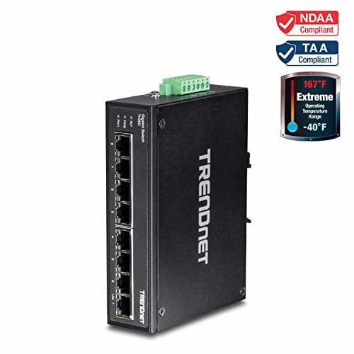 TRENDnet 8-Port Hardened Industrial Gigabit DIN-Rail Switch, TI-G80, 16 Gbps Switching Capacity, IP30 Rated, Ethernet Splitter, NDAA & TAA Compliant, Lifetime Protection, Black