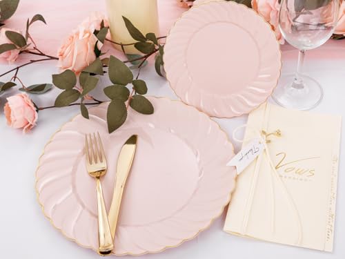 YOUBET 125Pieces Pink Plastic Plates with Gold Rim-Gold Plastic Silverware Include 25 Dinner Plates 25 Dessert Plates 75 Gold Silverwares for Wedding Birthday & Parties