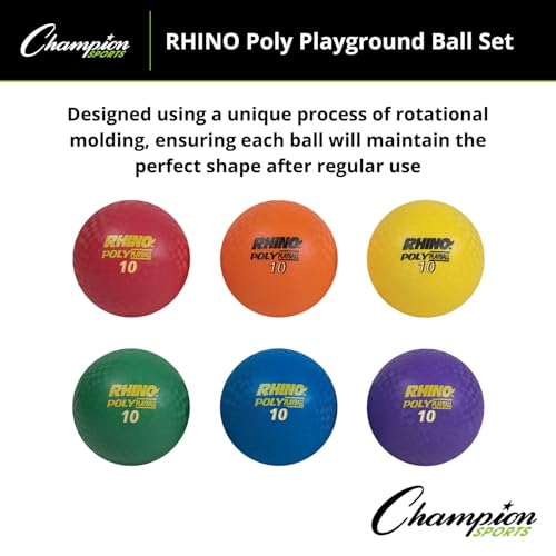 Champion Sports PX10SET Rhino Playground Ball Set, 10" Diameter, Rubber, Assorted, 6 Balls/Set (CSIPX10SET)