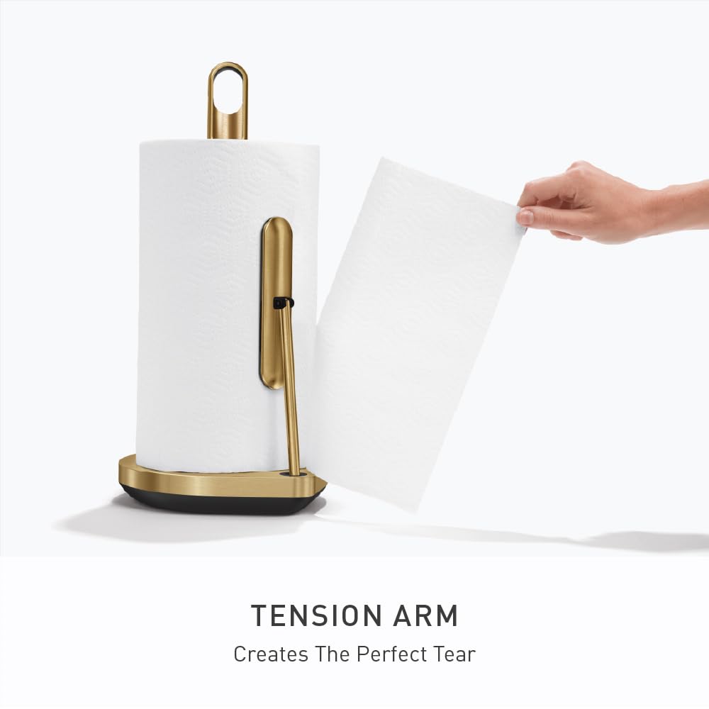 simplehuman Tension Arm Countertop Paper Towel Holder, Easy One-Handed Tear, Standing Weighted Base with Finger Loop, Heavy Duty, Brass Stainless Steel