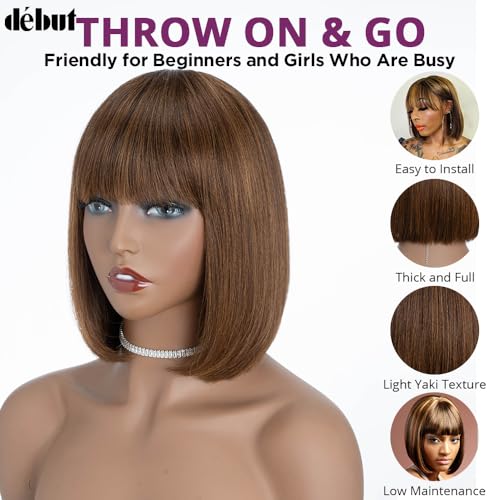 DÉBUT Short Bob Wigs with Bangs Human Hair Ombre Brown Glueless Non Lace Front Wigs Brazilian Virgin Remy Hair 10 Inches