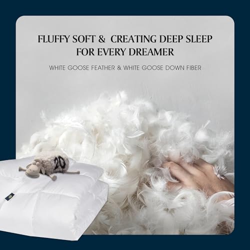 Serta Goose Feather Down Fiber Cotton Comforter Queen Size - 100% Cotton Duvet Insert - Hotel Luxury Hypoallergenic Bedding Comforter All Season Medium Warmth 90 x 90 Inch White