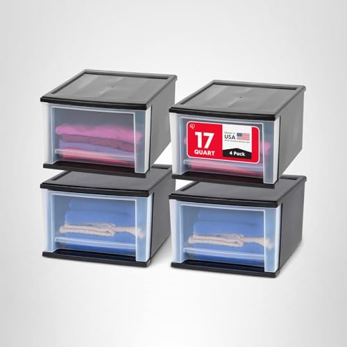 IRIS USA 17 Qt. Medium Plastic Stacking Drawer, Stackable Storage Organizer Unit with Sliding Drawer for Bedroom Kitchen Under Sink Pantry Craft Room Dorm Office, Black, 4-Pack