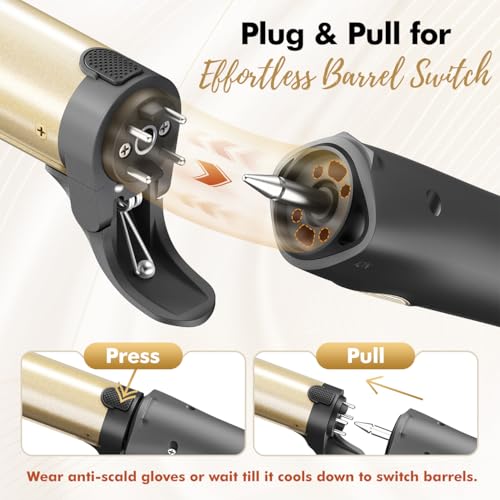 Rotating Curling Iron, 3 in 1 Automatic Curling Iron Set with Interchangeable Barrel 3/4, 1, 1 1/4 Inch, Instant Heat Dual Voltage Curling Wand for Lasting Beach Waves, Gold