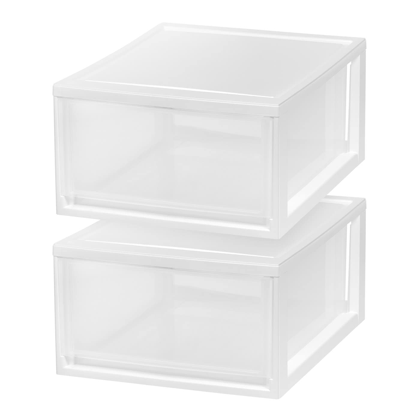 IRIS USA 30 Qt. Plastic Drawer Storage Organizer Stacking Drawers, 2-Pack, Stackable Unit with Sliding Drawer for Clothes Bedroom Kitchen Under Sink Pantry Craft Room Bathroom Dorm Office, White