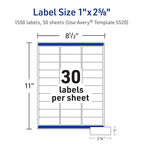 Avery Waterproof Printable Address Labels with Sure Feed, 1" x 2-5/8", White, Ultrahold Permanent Adhesive, Laser Printers, 1,500 Blank Mailing Labels, Great for Mailing, Branding, and More (5520)