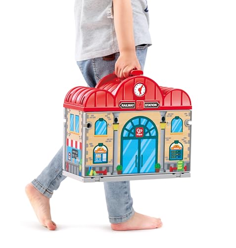 Hape Portable Wooden Train Station Set, Children's Train Set, Rails, Train Station and Characters, Easy to Carry