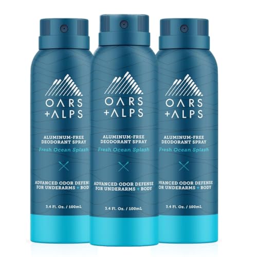Oars + Alps Spray Deodorant for Men and Women, Aluminum Free Deodorant and Full Body Spray, Fresh Ocean Splash, 3 Pack