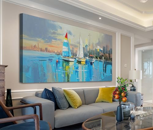 Anolyfi Abstract Sailboat Canvas Wall Art Sunset Landscape Picture Coastal Cityscape Panoramic Painting Textured Artwork Large Framed for Living Room Bedroom Bathroom Kitchen Office Home Decor 40"x20"