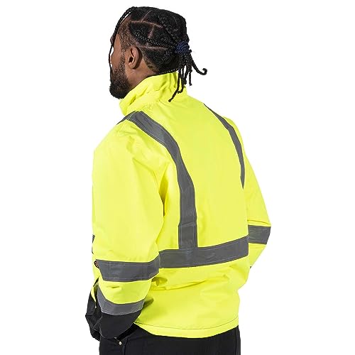 Pioneer Hi Vis 2-in-1 Safety Rain Jacket for Men & Women - Reverses to Black Puffer - Reflective Waterproof Gear - Class 3