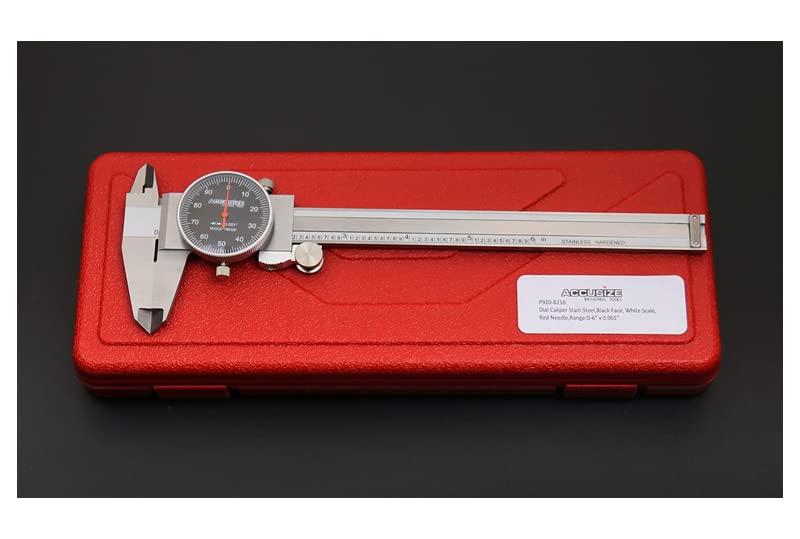 Accusize Industrial Tools 0-6" x 0.001" (Range x Resolution) Dial Caliper, Black Face Red Needle, Stainless Steel in Fitted Box, P920-B216
