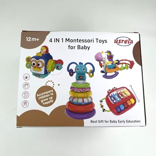 usrela 4 in 1 Baby Toys for 6 12 18 Month, Learning Toys for Babies 6-12 Months, Busy Cube, Stacking Sorter, Piano Xylophone Pull String Travel Toy, Birthday Gifts for Toddlers 1 2 Years Old