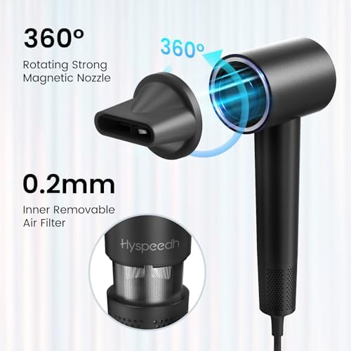 Hair Dryer with 110K RPM High Speed 1400w Motor for 2-5min Fast Dry, 0.86lb Lightweight & 59db Low Noise,1.5 Billion Plasma & Smart Thermo Control & Strong Magnetic Nozzle Diffuser Travel Blow Dryer